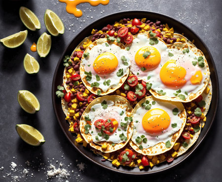A plate of breakfast food, including eggs, bacon, and tortillas.の素材