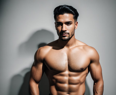 A man standing in front of a white wall with his shirt off, exposing his muscular torso.の素材