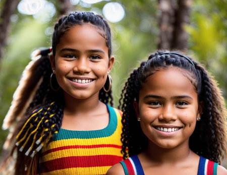 Two young girls smiling at the camera.の素材