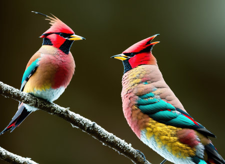 Two colorful birds perched on a branch.の素材