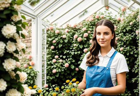 A woman in a greenhouse, holding a bouquet of flowers.の素材
