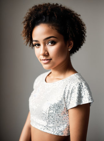 A young woman wearing a white crop top and black pants.の素材