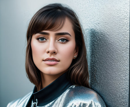A woman wearing a silver jacket and black pants standing against a gray wall.の素材