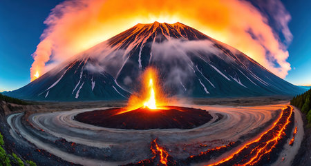 A volcano with lava flowing out of it. The volcano is surrounded by a bright orange sky.の素材