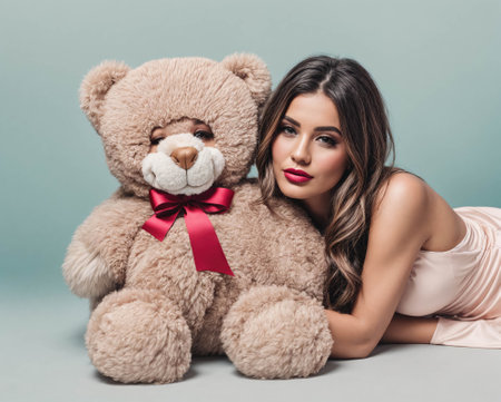 A woman is laying on the ground next to a teddy bearの素材