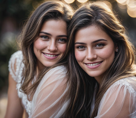 Two women with long brown hair and smilingの素材