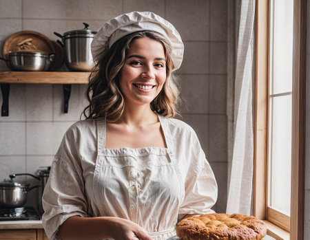 A woman in a white apron is smiling and holding a pieの素材
