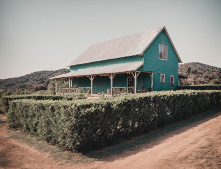 A large blue house with a green hedge in front of itの素材