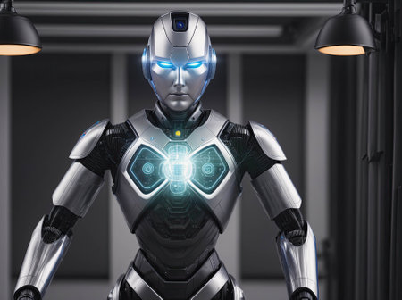A robot with a heart on its chest stands in front of a lightの素材
