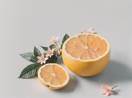 A slice of orange is on a table with a flower next to itの素材