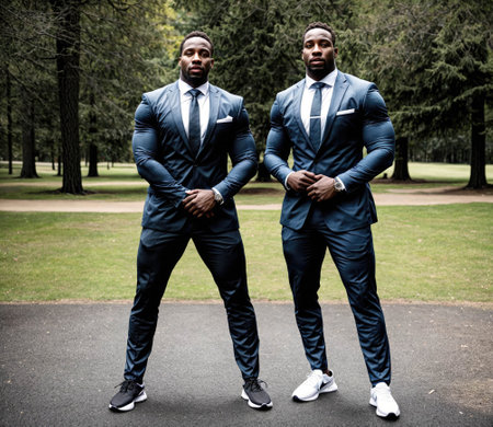 Two men in suits and ties posing for a photoの素材