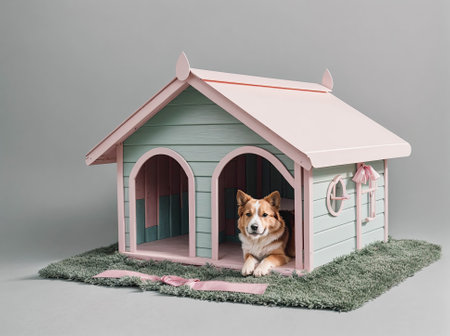 A dog is sitting in a pink and green dog houseの素材