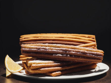 A stack of churros with powdered sugar on top and a lemon slice on the bottomの素材
