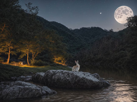 A rabbit is standing on a rock near a body of waterの素材