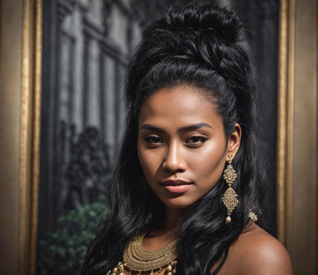 A woman with long hair and gold jewelry is standing in front of a gold frameの素材