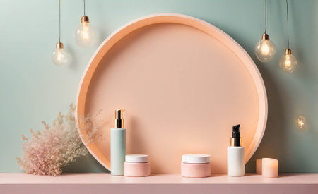 A round tray with a variety of beauty products on itの素材