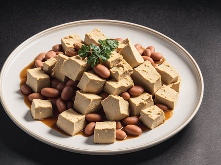 A plate of food with tofu and beans on topの素材