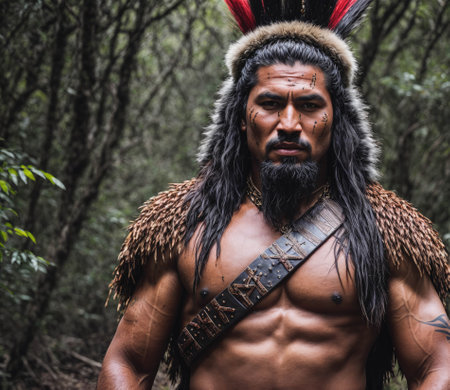 A MÄori warrior man in a warrior costume with a red and white headdressの素材