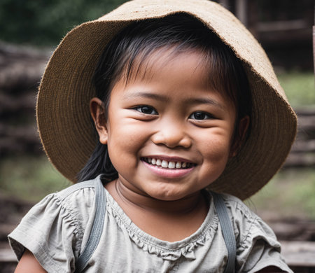 A young girl wearing a straw hat and a white shirt is smilingの素材