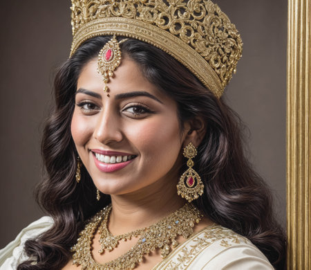 A woman wearing a gold crown and gold earrings is smilingの素材