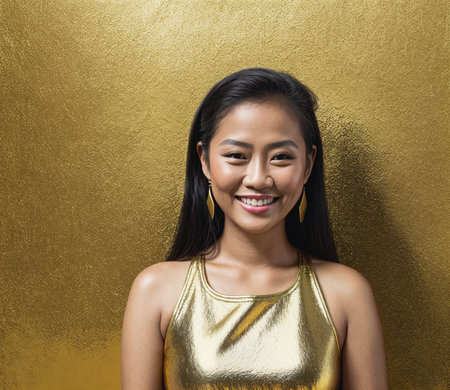 A Thai woman in a gold tank top is smiling and posing for the cameraの素材