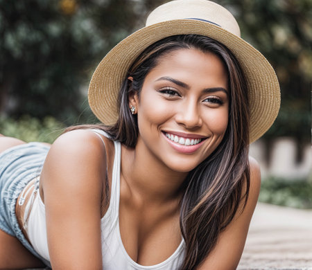 A woman with long hair and a straw hat is smilingの素材