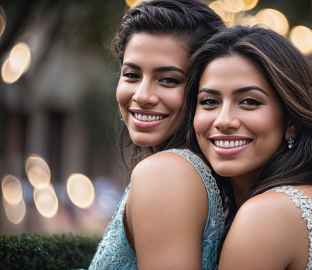 Two women are smiling and hugging each otherの素材