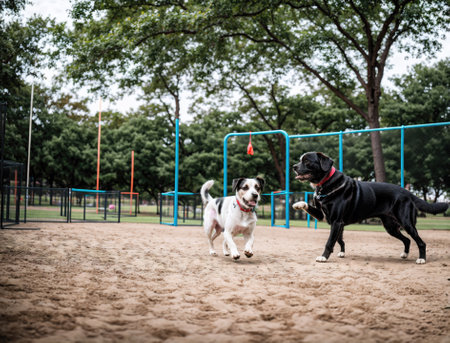 Two Playful Dogs Enjoying a Sunny Day at the Dog Park in Summerの素材