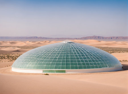 Modern Glass Structure Surrounded by Expansive Desert Landscape Under Clear Blue Skyの素材