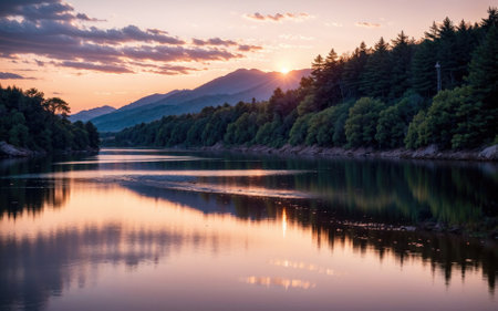 Tranquil Sunset Over Serene River Surrounded by Lush Forested Mountains in Autumnの素材