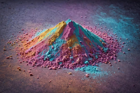 Vibrant Colorful Powder Pile in Artistic Arrangement on Earthy Surface During Daylightの素材