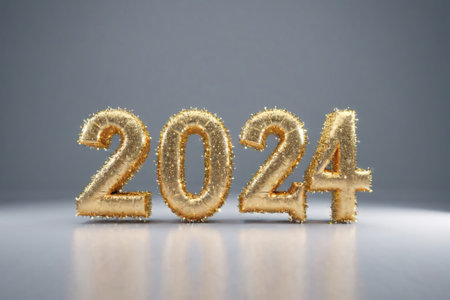 Sparkling Golden 2024 New Year Celebration Decorations on a Gray Backgroundの素材