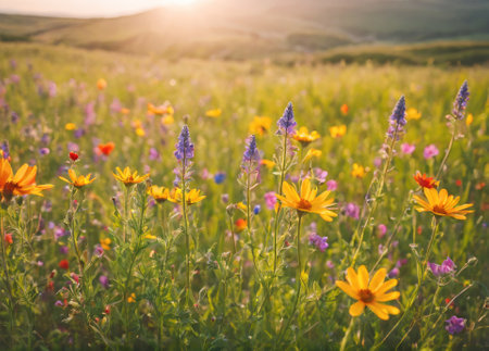Vibrant Wildflower Meadow Bathed in Golden Light During Sunset in Springの素材