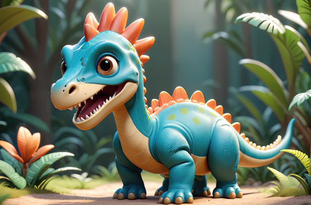 Colorful Animated Dinosaur Character Playing in Lush Jungle Environment on a Bright Sunny Dayの素材