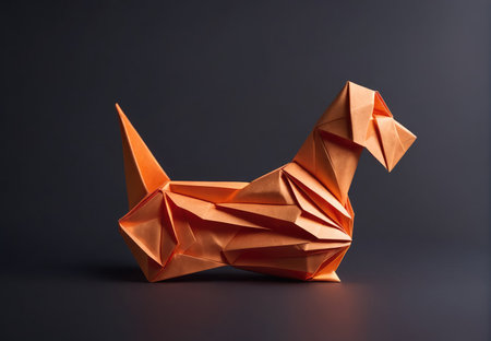 Intricately Folded Orange Origami Dog on Dark Background Displaying Artistic Craftsmanshipの素材