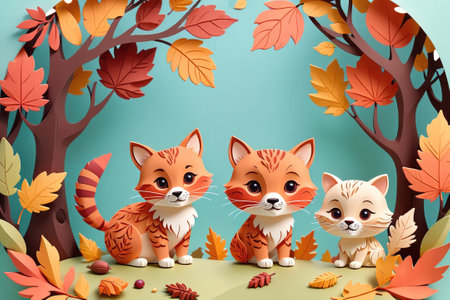 Three Adorable Paper Craft Cats Surrounded by Colorful Autumn Leaves in a Whimsical Forest Settingの素材