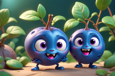 Two Cheerful Cartoon Blueberries With Big Eyes and Smiling Faces in a Lush Green Environmentの素材