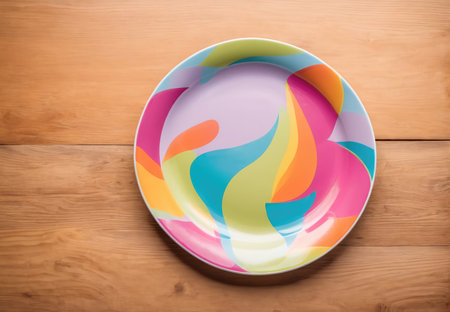 Colorful Ceramic Plate With Abstract Design on Wooden Table Surfaceの素材