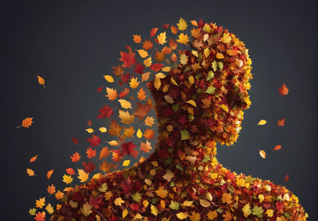 Autumn-Inspired Human Silhouette Composed of Colorful Leaves Transitioning Into Natureの素材