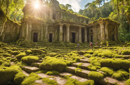 Ancient Temple Surrounded by Lush Greenery and Sunlight in a Tropical Forestの素材
