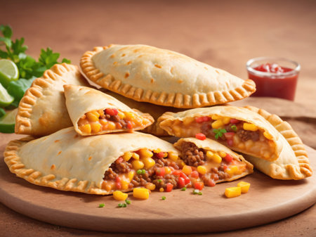 Deliciously Stuffed Savory Pastries With Beef And Vegetables On Wooden Boardの素材