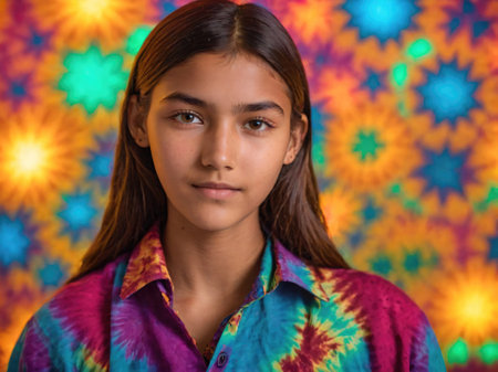 Portrait of a Young Girl in a Colorful Tie-Dye Shirt Against a Vibrant Backgroundの素材