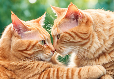 Two Playful Orange Tabby Cats Engaging in a Gentle Affectionate Moment Outdoors on a Sunny Dayの素材