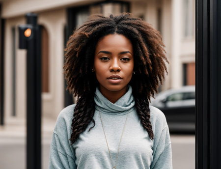 Young Woman With Natural Hair Poses Confidently in Urban Street During Daylightの素材