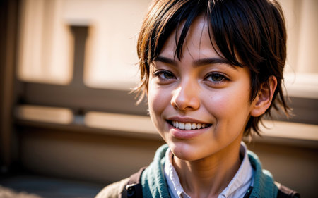 Young Person Smiling In Urban Setting During Late Afternoon Lightの素材