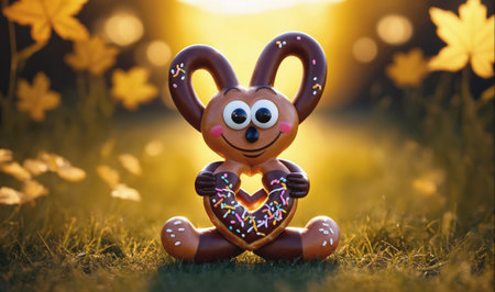 A cheerful, chocolate-brown rabbit with large eyes holds a heart-shaped donut with sprinkles in a grassy areaの素材