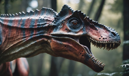 A close-up of a dinosaurs head with sharp teeth, looking to the right, with a blurred background of green foliageの素材
