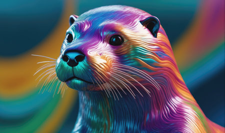 A colorful, iridescent otter looks directly at the camera with a bright blue and green backgroundの素材