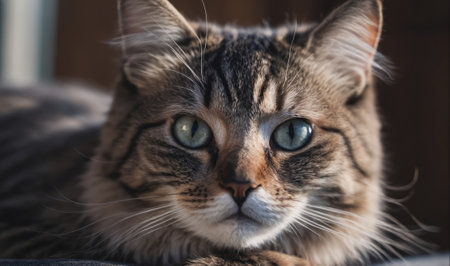 A tabby cat with blue eyes stares intensely at the camera, its whiskers twitching slightlyの素材