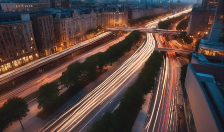 A nighttime view of traffic on a highway in a European cityの素材
